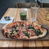 Green Goodness Juice, Roasted Vegetable Pizza at Honey Salt in Las Vegas