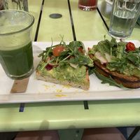 Brunch: avocado toast with green juicee  at Honey Salt in Las Vegas
