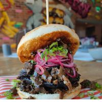 Shrooooms burger 
Marinated portobello mushrooms with a pesto and white wine relish  at Urban Bar BQ in Caerphilly