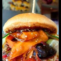 Miso good burger. Glazed aubergine with sticky chilli and teriyaki sauce. at Urban Bar BQ in Caerphilly