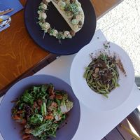 roasted beetroot and pumpkin salad, leeks artichoke and mushroom bruschetta, mushroom truffle and thyme pasta at Oniro By The Sea in Paphos