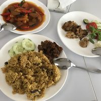 Curry Fried Rice, Heart of Gold (Sweet and Sour Fish Meat), and Penyet Terasi at Loving Hut in Surabaya