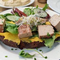 pumpkin, tofu and chive toast, they kindly replaced the mushrooms with hummus with good sourdough bread at Kitchen Paris in Paris