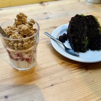 Granola with coconut yogurt and chocolate-matcha cake   at Kitchen Paris in Paris
