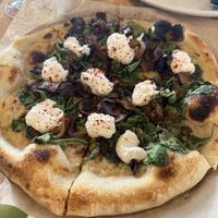 Seasonal spinach and mushroom pizza (vegan lemon ricotta!)  at True Food Kitchen in Kansas City