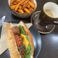 Bahn mi and sweet potato fries  at Folium Cafe in Dudley