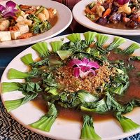 Bok Choy w/Teriyaki in foreground; Stir-Fried Veggies w/Tofu on Left; Eggplant w/Basil on Right at Aroy Thai Gardens in Middletown