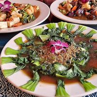 Bok Choy w/Teriyaki in foreground; Stir-Fried Veggies w/Tofu on Left; Eggplant w/Basil on Right at Aroy Thai Gardens in Middletown