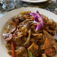 Pad See Ew with Fried Tofu and Vegan Duck  at Aroy Thai Gardens in Middletown