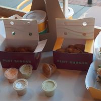 Bloomies, fries, egg Sammy, chicken fungi, spicy chicken fungi, chocolate milkshake at PLNT Burger in Wynnewood