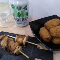 Soy teriyaki skewers and chorizo croquettes at Vegetopia in Gran Canaria