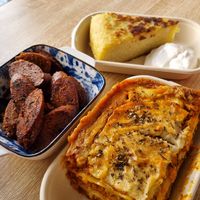 Chorizo (very tasty), lasagne and spanish tortilla. All vegan of course. at Vegetopia in Gran Canaria