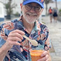 hubby with gaspacho  at Vegetopia in Gran Canaria