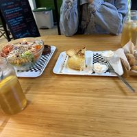 Fresh salad, tortilla and mushroom croquettes   at Vegetopia in Gran Canaria