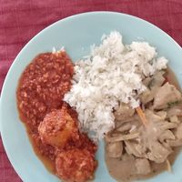 Polpette al Ragú with Jazmin rice and dehydrated green peas in flavory coconut sauce at Vegetopia in Gran Canaria