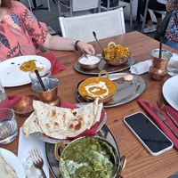 Aloo palak (bottom) mattar paneer, veg biryani (top) at Namaste in Ljubljana