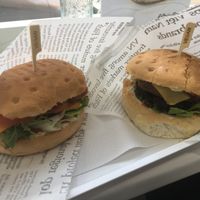 Bacon cheeseburger (#1 vegan burger I’ve had in my life) on the left, smoked burger on the right at iVegan in Rome