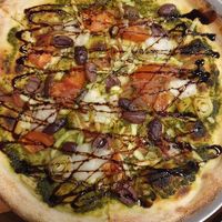 Specials board pizza (leek, chilli, caramalised onion, balsamic vinegar glaze) $27.00 at Green Acre Pizza Bar in Brunswick