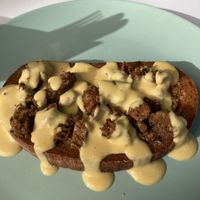 Fried bread with “cheese sauce & meat" at Shromaždiště in Prague