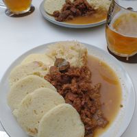 Soy chunks with dumplings and cabbage at Shromaždiště in Prague