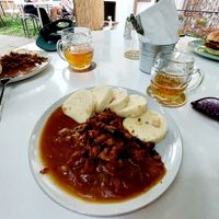 Soy meat, dumpings and sauce at Shromaždiště in Prague
