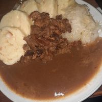 Czech dumplings with soy meat and sauerkraut at Shromaždiště in Prague