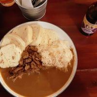 Výpečky - vegan soy "meat" pieces with gravy, sauerkraut, and knedliki. Delish! at Shromaždiště in Prague