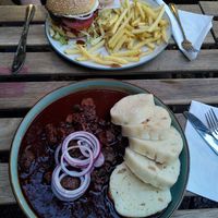 Guláš and Klasik burger at Shromaždiště in Prague