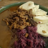 Slow cooked 'chicken' pieces at Shromaždiště in Prague