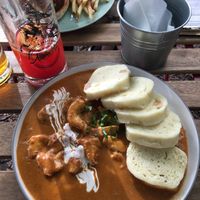 Kukurizek in paprika sauce + burger with fries  at Shromaždiště in Prague