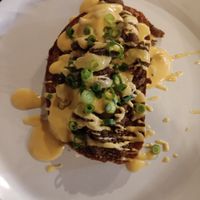 Topinka (fried bread with soy chunks and cheesy sauce) at Shromaždiště in Prague