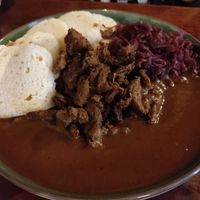 Vypecky (dumplings, soy chunks, cabbage and sauce) at Shromaždiště in Prague
