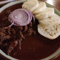 Goulash with soy chunks and dumplings at Shromaždiště in Prague