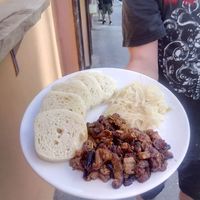 Soy-meat with dumplings and cabbage at Shromaždiště in Prague