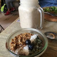 Açaï bowl with almond milk, banana, dates and cinnamon smoothie at Season Marais in Paris