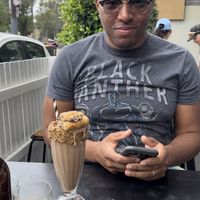 He’s so happy. Snicker shake with the notella cookie on top    at Sable in Richmond