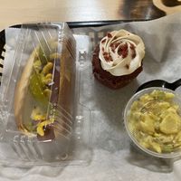 Chicago dog, red velvet cupcake, potato salad  at Peace Love Coffee in St Charles