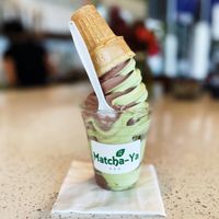 Chocolate and matcha vegan soft serve swirl with cake cone. 100% vegan.   at Matcha-Ya in Kapaa
