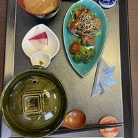 Main dish: miso soup, fake meat,  at Naramachi Vegan Nabi in Nara