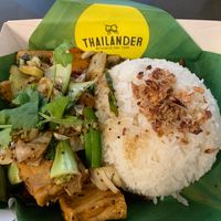 Tofu and veg with black pepper and garlic sauce on rice at Thailander in Malvern East