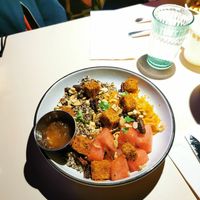 Tofu quinoa bowl at L'abri in Cheticamp