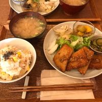 Sit-in meal with miso soup, brown rice with corn and sesame, salad, Japanese pickles, and plant-based katsu. at Nishimaki Gohan in Tokyo