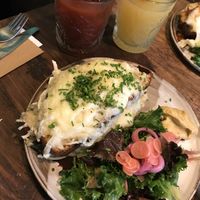 Vegan croque monsieur with vegan Bloody Mary   at Heaps Good Cafe in Copenhagen
