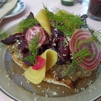 Vegan redbeets on sourdough bread at Heaps Good Cafe in Copenhagen