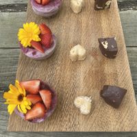 Fifth round of the high tea: Blueberry cheesecake, coco bites and chocolate fudge. at Theetuin Het Kaslokaal in Oostkapelle