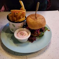 Korean fried chicken burger + fries + tryffel vegan mayo dip at HOAX in Tampere