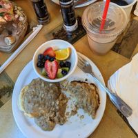 Vegan biscuit and vegan sausage gravy with side of fruit.  Justin smoothie with almond milk. at Hibiscus Cafe in Grayton Beach