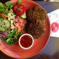 Quinoa cakes made with sweet potato, kale, sundried tomato, sunflower and chia seeds at Mo's Diner in Ir-rabat Ghawdex