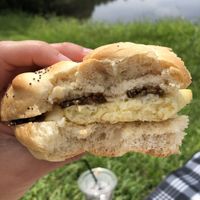 Breakfast sandwich with Just Egg, vegan cheddar, tempeh bacon on a kaiser roll. Delicious! at Bonafide Bakeshop & Cafe in Apex