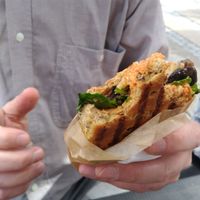 This is a special panini with portabello mushroom. We had the menu. I had to try it. Very good chilli mayo with some tortilla chips too. Also very good. at Brouer's Madvogn in Ringsted